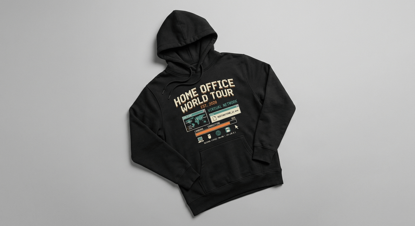 A black hoodie laid flat featuring a "Home Office World Tour" graphic with various icons and text on the front.