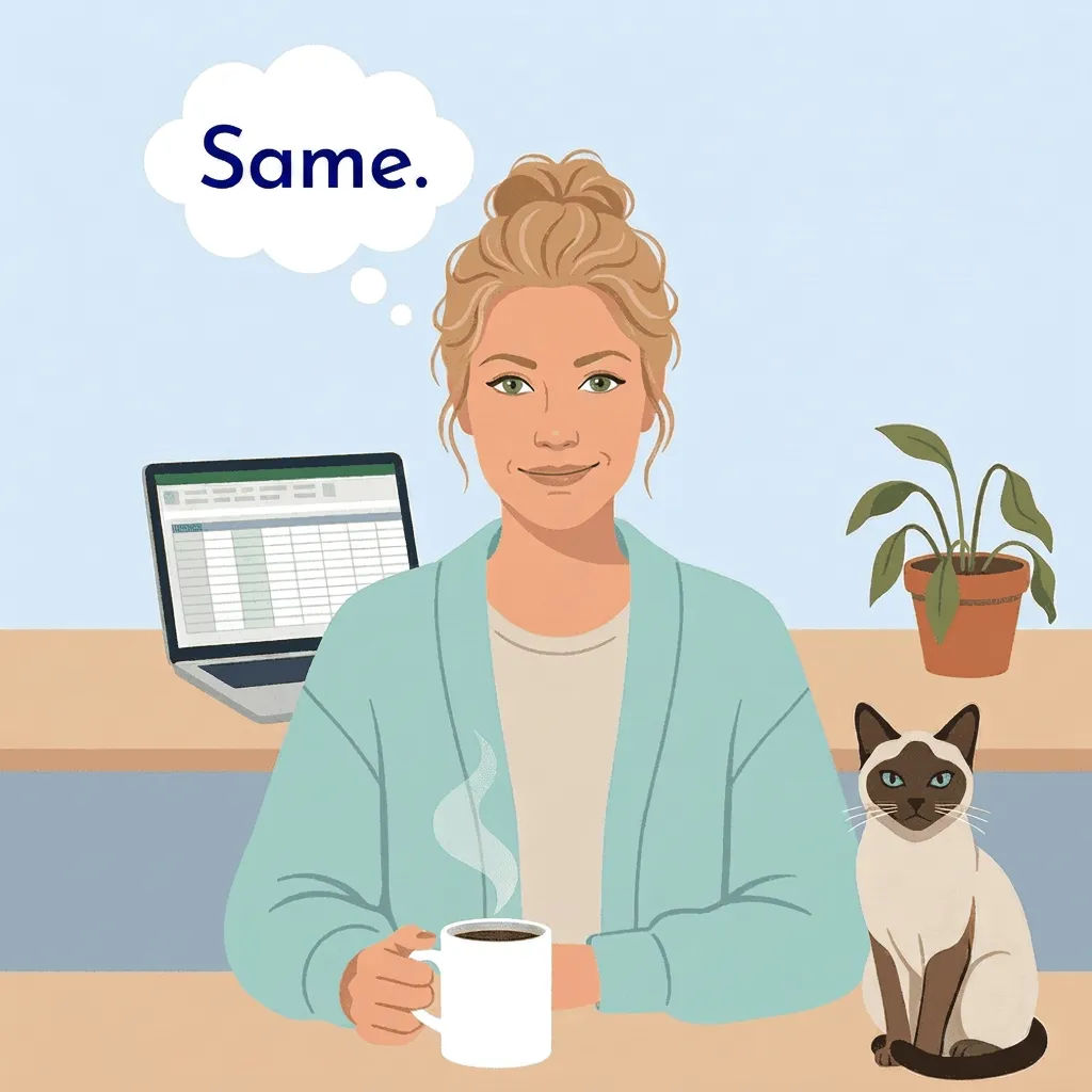 Illustration of a woman holding a coffee mug at a desk with a laptop displaying a spreadsheet, a cat sitting beside her, and a thought bubble that says "Same.