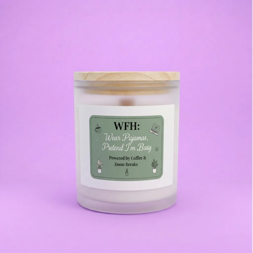 A white candle in a frosted glass jar with a wooden lid. The label reads, "WFH: Wear Pajamas, Pretend I'm Busy. Powered by Coffee & Zoom Breaks." The background is light purple.